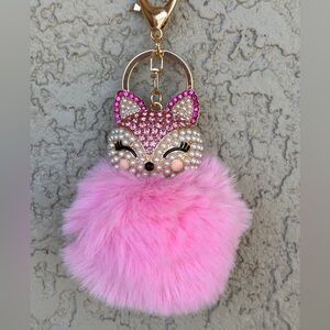 Pink Rhinestone Fox Head & Fur Keychain/Bag Charm